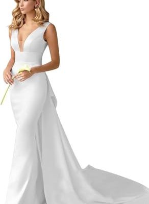 V-Neck Satin Mermaid Wedding Dresses for Bride with Cape, Sleeveless Prom Dress for Women, Elegant Wedding Gown