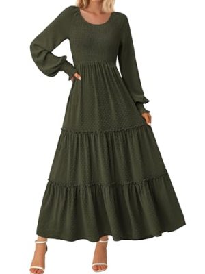 Women's Smocked Maxi Dress 2025 Fall Casual Long Sleeve Swiss Dot Ruffle Long Flowy Wedding Guest Dresses