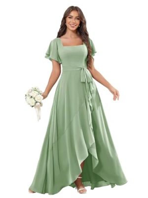 Square Neck Bridesmaid Dresses Ruffle Sleeves High Low Pleated A-Line Chiffon Bow Tie Wedding Guest Dress
