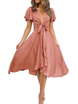 Womens Satin V Neck Ruffle Short Sleeve Tie Front High Waist Midi A-Line Maxi Dresses