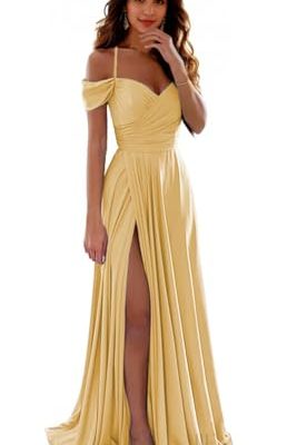 Off Shoulder Satin Bridesmaid Dresses Spaghetti Strap Long Ruched A Line Formal Prom Dress with Slit 006