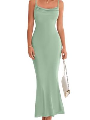 Women's 2025 Summer Maxi Dress Spaghetti Strap Mesh Slip Bodycon Dress Cowl Neck Cocktail Party Long Dresses