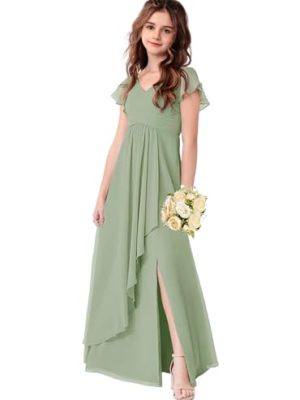 Chiffon Junior Bridesmaid Dresses for Girls Ruffle Sleeves Party Formal Gowns Wedding Guest V Neck Flower Girl Dress
