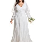 Women's Glitter Long Sleeves V Neck Ruched Empire Waist Plus Size Simple Wedding Dresses for Bride