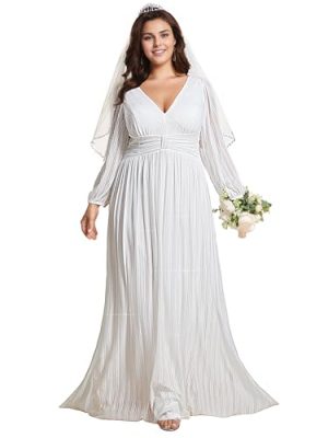 Women's Glitter Long Sleeves V Neck Ruched Empire Waist Plus Size Simple Wedding Dresses for Bride