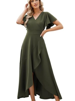 Long Black Formal Dresses for Women Gowns Evening Party Cocktail Dress,Split Elegant V Neck Wrap Ruffle Wedding Guest Dresses