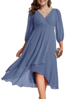 Women's A Line V Neck Chiffon Midi Plus Size Semi Formal Wedding Guest Dresses with Sleeves 01926-DA