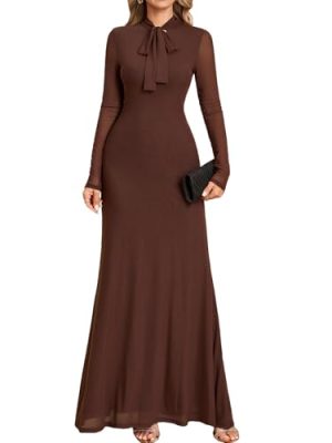 Women Fall Long Sleeve Bow Tie Neck Formal Maxi Dresses A Line Flowy Wedding Guest Party Elegant Long Dresses