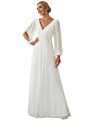 Women's V Neck Long Lantern Sleeves Floor Length Ruched Chiffon A-Line Formal Evening Dress 00461
