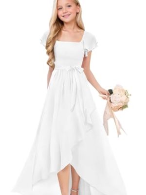 Junior Bridesmaid Dresses for Teen Girls Short Sleeve Chiffon Flower Girl Dress for Wedding Guest Formal Girls Dress