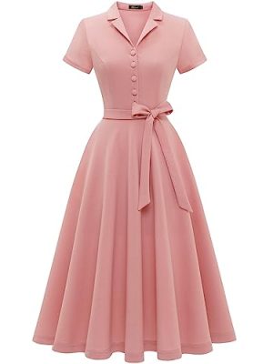 Women's Vintage Tea Dress, Short Sleeve Cocktail Party Dress Work Church Casual Dress
