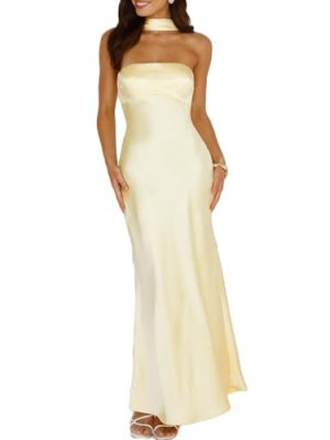 Women's Summer Satin Strapless Tube Top Maxi Dress Elegant Silk Backless Halter Neck Formal Party Dresses Wedding Guest