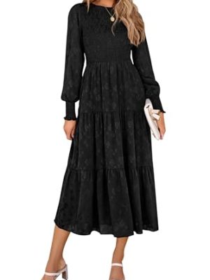 Women's Fall Spring Midi Dress Long Sleeve Floral Smocked Elegant Wedding Guest Long Flowy Dresses with Pockets