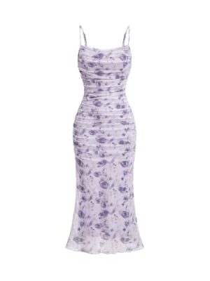 Women's Floral Ruched Bodycon Midi Dress Mesh Sleeveless Fishtail Cami Dresses