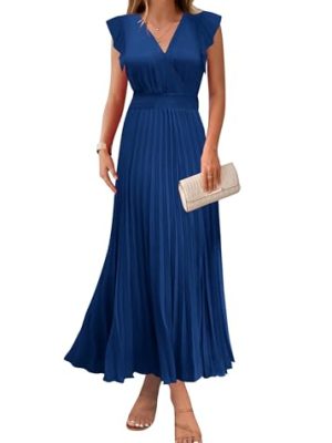 Women's Summer Maxi Dresses Elegant V Neck Ruffle Flutter Sleeves Empire Waist Pleated Flowy Wedding Guest Dress