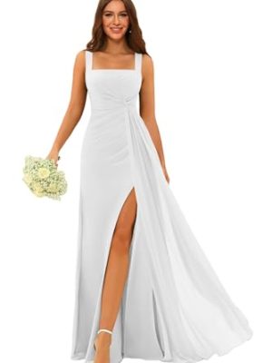 Square Neck Bridesmaid Dresses Long with Slit Pleated A Line Chiffon Formal Evening Dress CYM184