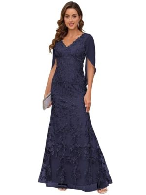 Lace Mermaid Mother of The Bride Dresses for Wedding V Neck Long Formal Evening Gown with Cape Sleeves