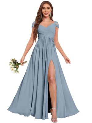 Off The Shoulder Bridesmaid Dresses for Women Long Slit Chiffon Pleated Formal Wedding Guest Dress with Pockets