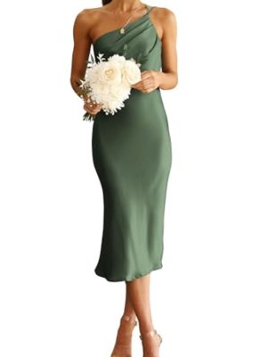 Women's Midi Satin Dress One Shoulder Spaghetti Strap Backless Ruched Summer Bodycon Dresses