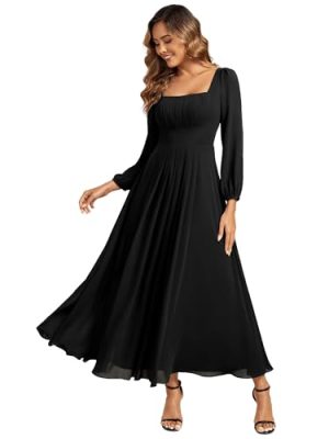 Women's Square Neck Pleated Long Sleeve Chiffon A-Line Maxi Fall Wedding Guest Dress 02522
