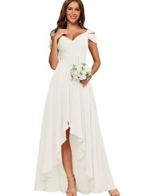 Women's Off Shoulder High Low Bridesmaid Dresses Ruched Chiffon V Neck Formal Gown with Pockets YZTS304