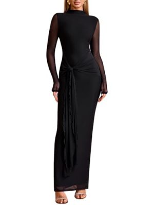 Women's Long Sleeve Bodycon Maxi Dress Mesh Tie Sexy Backless Fall Formal Wedding Guest Party Cocktail Dresses