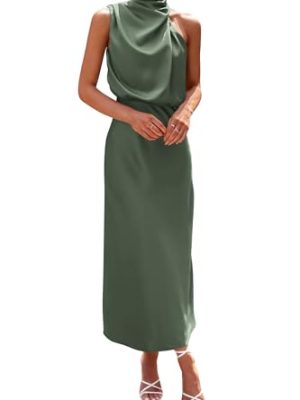 Women's 2025 Summer Satin Dress Elegant Sleeveless Mock Neck Cocktail Party Maxi Dresses