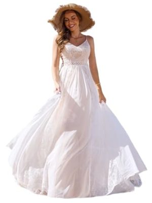 Spaghetti Chiffon Beach Wedding Dress V Neck A line Bridal Gowns Lace Plus Size Wedding Dress
