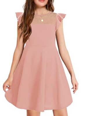 Girls Dress Summer Ruffle Sleeve Mesh A Line Casual Party Dresses with Pockets 6-13 Years