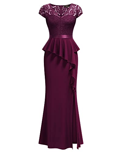 Women's Elegant Floral Lace Ruffle Split Cocktail Party Long Dress