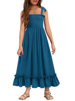 Girls Summer Dress Boho Beach Casual Smocked Maxi Dresses 6-13 Years