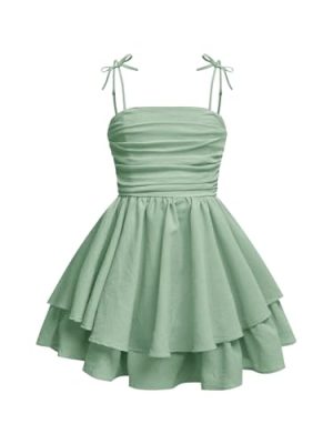 Girl's Tie Shoulder Tiered Ruffle Dress Ruched Smocked Flowy A Line Cami Dresses