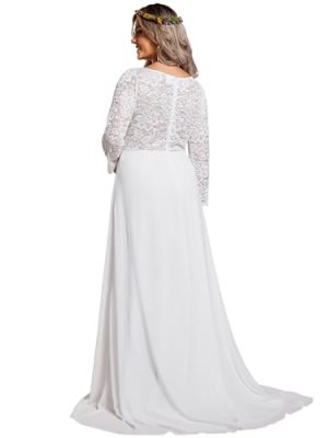 Women's V Neck Long Sleeve Lace Chiffon A Line Floor Length Plus Size Wedding Dress 01925-DA