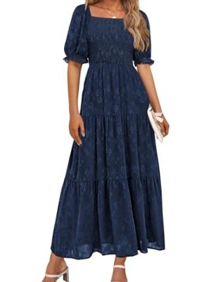 Women's 2025 Summer Casual Midi Dresses Square Neck Short Sleeve Smocked A Line Floral Flowy Elegant Boho Dress
