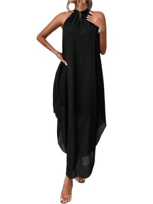 Women's Fall Formal Wedding Guest Dress Halter Flowy Sleeveless Asymmetrical Boho Maxi Dress