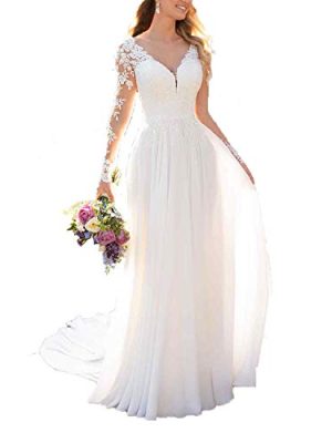 Wedding Dresses for Bride with Lace Appliques Chiffon A Line Women Dress Long Sleeves Beach Bride Dress