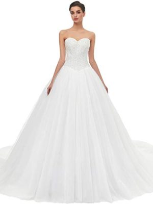 Sweetheart Tulle Ball Gown Wedding Dress, A-line Bridal Gown with Train