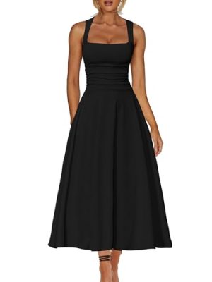 Women's Square Neck Corset A Line Maxi Dress Ruffle Ruched Waist Flowy Long Dresses