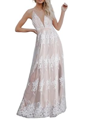 Womens Formal Dresses Deep V-Neck Embroidered Lace Mesh Evening Party Prom Dress Long Wedding Dress