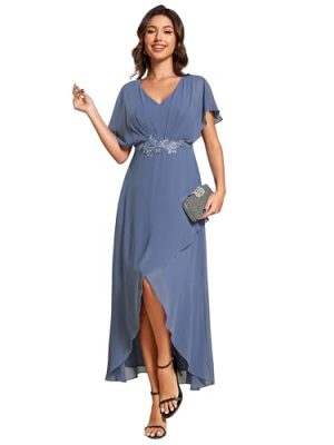 Women's Formal Dress A Line V Neck Applique Waist Tea Length Wedding Guest Dress 02027