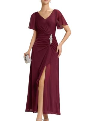 Women's V-Neck Pleated Short Sleeves Rhinestone High Slit Maxi Formal Evening Dresses 02323