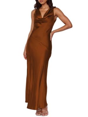Women's 2025 Summer Satin Backless Elegant Dress for Wedding Guest Silk Sleeveless Cowl Neck Party Formal Maxi Dresses