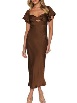 Summer Satin Flutter Sleeve Wedding Guest Dresses for Women Sweetheart Neckline Cutout Tie Back Midi Cocktail Dress