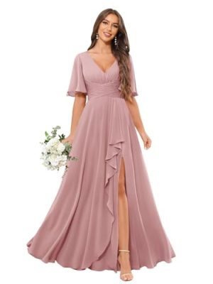 Bridesmaid Dress for Women Short Sleeve V-Neck Wedding Guest Gowns with Slit Pockets