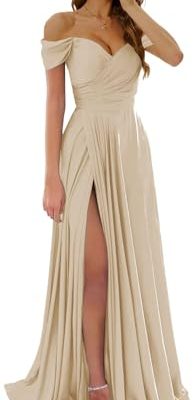 Women's Off The Shoulder Bridesmaid Dresses with Slit Satin Formal Gowns Long Prom Evening Party Dress with Pockets