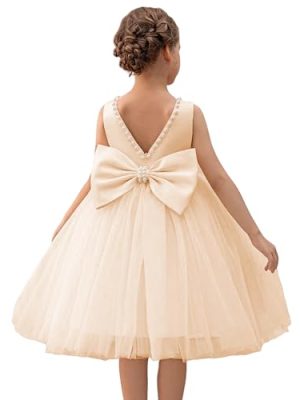 Satin Tulle Flower Girl Dress for Wedding Pearls Bow Knot Birthday Communion Pageant Prom Ball Gown