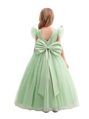 Flower Girl Dress V-Back Ruffle Sleeve Satin Tulle Wedding Guest Party Birthday Dresses Kids Pageant Communion Gown