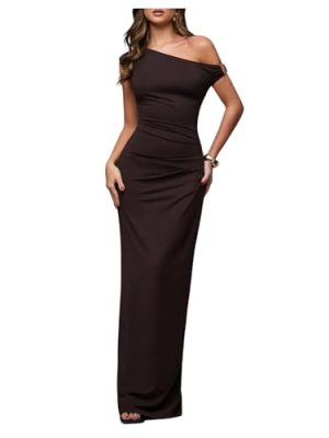 Women's Off The Shoulder Wedding Guest Dress Asymmetrical Ruched Sleeveless Maxi Dresses