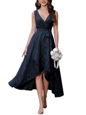 Women's Elegant Wedding Guest Dresses Jacquard Sleeveless A Line High Low Midi Length Formal Summer Dress with Belt