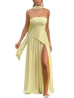 Women Strapless Corset Asymmetrical High Split Flowy Maxi Dresses Evening Gown Wedding Guest Dress with Scarf